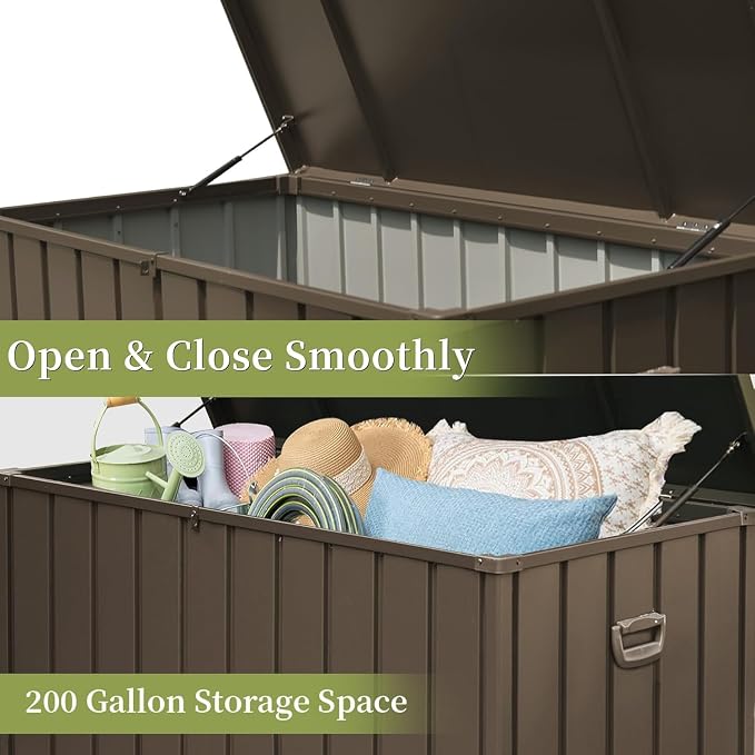 54.3" Large Outdoor Storage Deck Box with 200 Gallon High Capacity, Heavy Duty Metal Storage Bin with Lockable Lid, Waterproof Patio Chest with 2 Hydraulic Rods for Outside Cushions,Garden Tools,Brown