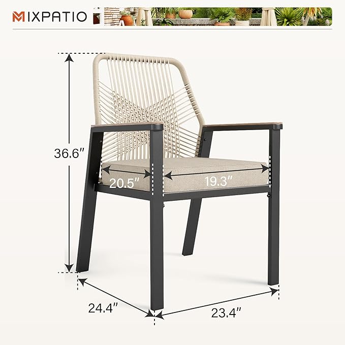 MIXPATIO Patio Wicker Chair Sets of 8, Outdoor Dining Chairs with 3.1 inch Seat Cushions, Sturdy Metal Frame & Wood Grain Armrest, Patio Dining Chairs for Porch Backyard, Beige