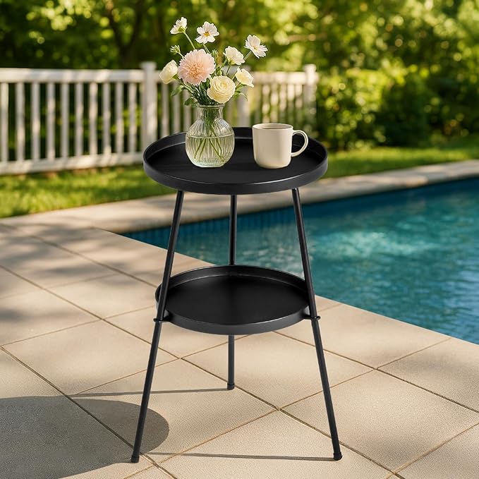 2 Tier Metal Round Side Table, Outdoor End Table for Small Spaces, Indoor Outdoor Nightstand for Living Room, Bedroom or Office (Black)