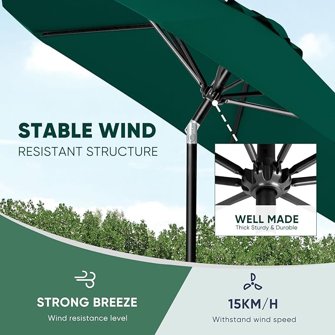 Tempera Patio Market Outdoor Table Umbrella with Push Button Tilt and Crank, Large Sun Umbrella with Sturdy Pole & Fade Resistant Canopy, Easy to Set