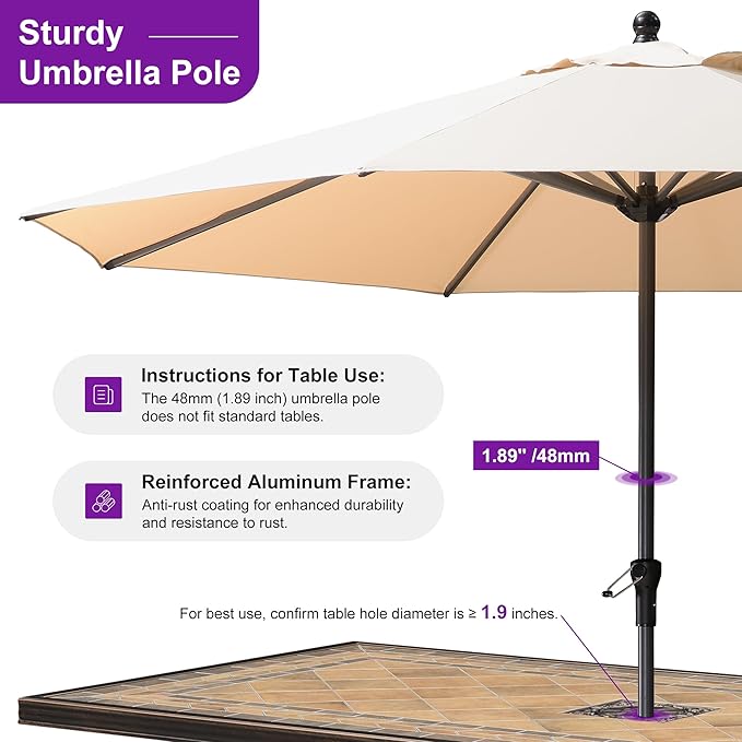 PURPLE LEAF 11' Round Patio Market Umbrella with Base Outdoor Table Umbrellas Aluminum Frame Sun Shade with 8 Sturdy Ribs for Garden Deck Lawn Pool Beige