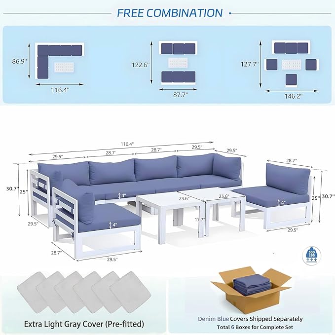 NICESOUL 6 People Extra Large Luxury Aluminum Patio Conversation Set for Backyard Garden, 29" Deep Wide Seat, U Shaped Modular Sectional Couch, 500 lbs Heavy Duty All Weather Outdoor Sofa, Denim Blue