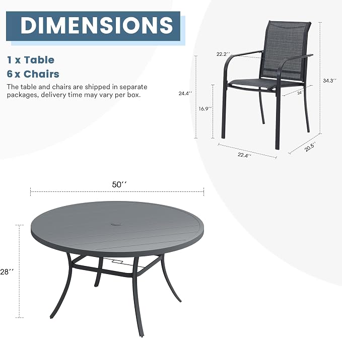 DIFY Patio Dining Set for 6, 7 Piece Outdoor Table and Chairs Set, 50" Round Metal Patio Dining Table and 6 Textilene Stackable Patio Chairs, for Backyard Garden Poolside, Grey