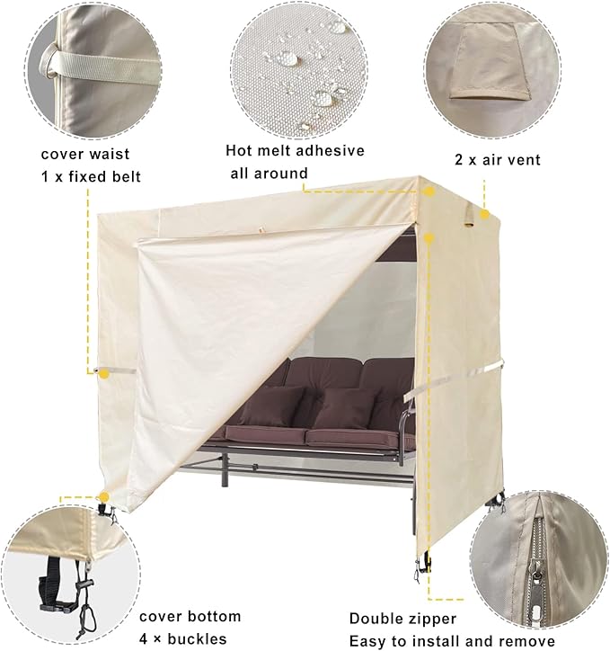 Outdoor Swing Cover 3 Triple Seater Hammock Cover Garden Swing Cover Garden Hammock Glider Chair Cover Patio Furniture Cover UV Resistant Swing Canopy Cover All Weather Protection Beige