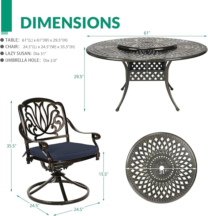 VIVIJASON 9-Piece Patio Dining Set, Rust-Free Cast Aluminum Outdoor Conversation Set, Includes 8 Swivel Dining Chairs & 61" Round Dining Table with 31" Lazy Susan, Umbrella Hole, Navy Blue