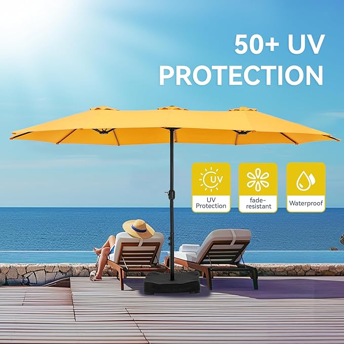 GREEN PARTY 15 ft Rectangular Patio Umbrella with Base Included, Large Double-Sided Outdoor Table Umbrella with Crank, 1.9" Pole UPF 50+ UV Resistant for Pool Deck Backyard Garden, Gold Yellow