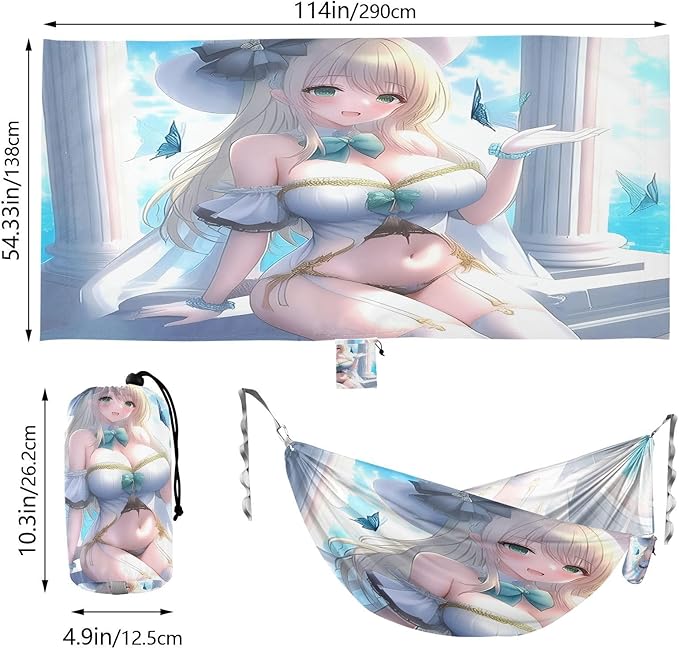 A Holy Pure-White Elf Anime Girl Hammocks with Hanging Rope Hanging Hammock for Outside Beach Patio Garden