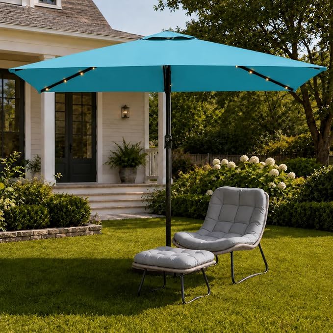 6.5 x 10ft Rectangular Patio Umbrella with Solar Lights, 16 LED Lighted Market Umbrella with Push-Button Tilt and Crank, 6 Sturdy Iron Ribs for Garden, Deck, Pool, Sky Blue