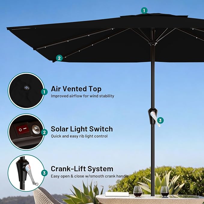 AreShark 8' X 10' Rectangular Patio Umbrella with Solar Lights, Lighted Solar Umbrella with Crank, Outdoor Table Umbrella for Garden, Deck, Backyard, Pool and Beach, Black