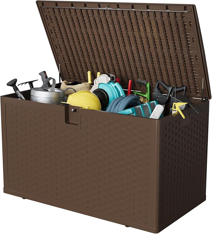 Takywep 120 Gallon Outdoor Resin Deck Box, Waterproof Lockable Storage Container, Weather Resistant Large Organizer for Patio Cushions, Garden Tools, Pool Accessories and Outdoor Furniture