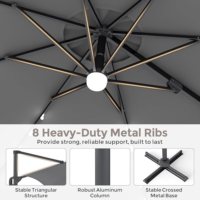 Tangkula 10ft Patio Umbrella with Solar Lights, Offset Cantilever Square Outdoor Umbrella with 35 LED Lights, Aluminum Pole, 360 Degree Rotation, Tilt Adjustment, Air Vent for Pool Deck Yard (Gray)