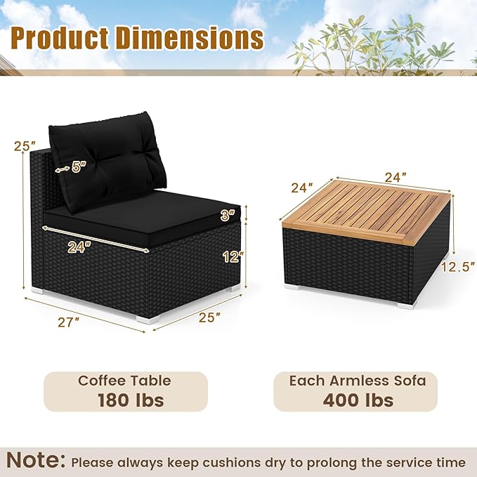 5 Pieces Patio Furniture Set, Outdoor Sectional Sofa with Acacia Wood Coffee Table & Cushions, Wicker Patio Conversation Set for Porch, Deck, Balcony, Poolside & Backyard (Black)