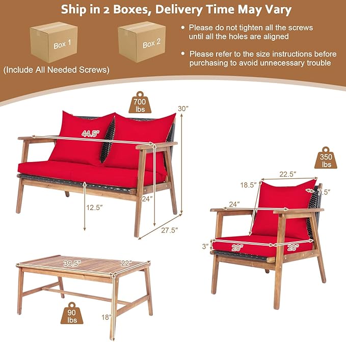 Tangkula 8-Piece Patio Furniture Set, Outdoor Acacia Wood Conversation Set with Cushions and Coffee Table, Outdoor PE Wicker Sectional Sofa Set for Garden, Poolside and Backyard (2, Red)