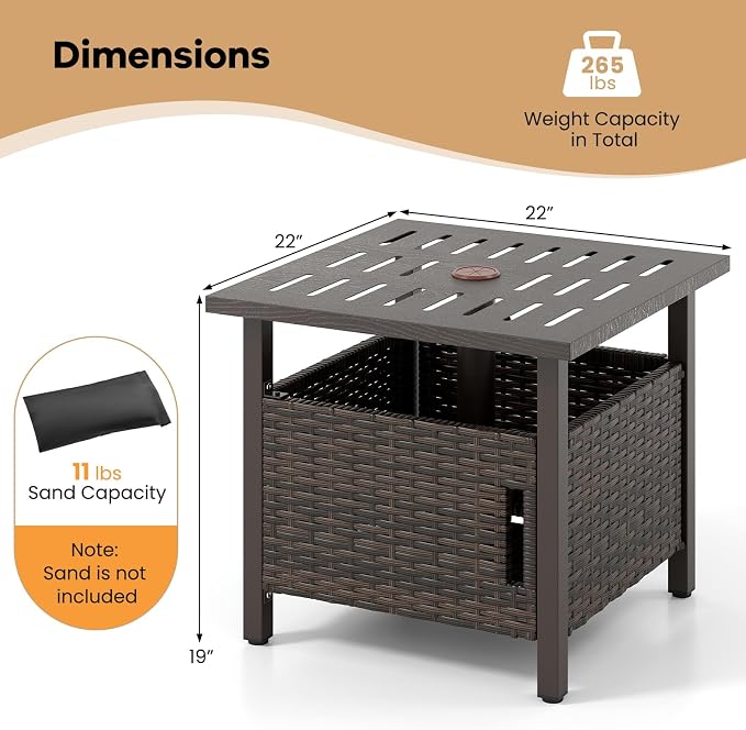 RELAX4LIFE Wicker Outdoor Side Table - Rattan Square Patio End Table with 1.93’’ Umbrella Hole, 2 Weighted Sand Bags & Rustproof Frame, Outside Umbrella Stand for Garden Deck Porch Poolside Backyard