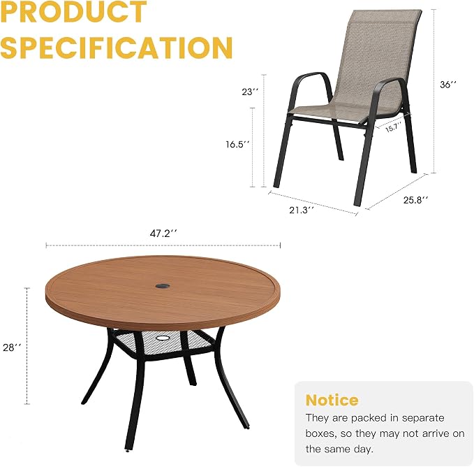 VICLLAX Patio Dining Set for 6, All Weather Metal 7 Pieces Patio Set-47.2" Round Outdoor Table and Stackable Chairs for Lawn Garden and Backyard, Walnut Wood Grain Tabletop