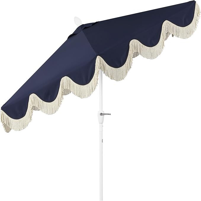 JONATHAN Y UMB1001 Collins 9 ft. Classic Cottage Tassel Market Patio Umbrella with Auto-Tilt, Crank, Wind Vent and UV Protection