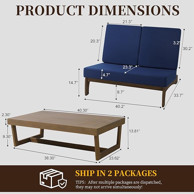 UIXE 2 Pieces All Weather Wood Patio Furniture Sets, Patio Loveseat Outdoor Sofa with Solid Wooden Coffee Table - Navy Blue