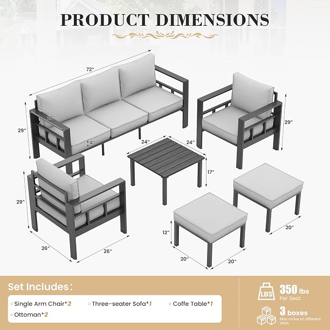 UDPATIO Aluminum Outdoor Furniture Set with 2 Ottomans, 6 Pieces All-Weather & UV-Resistant Patio Sectional Sofa Set for Deck, Backyard, Poolside, Light Gray