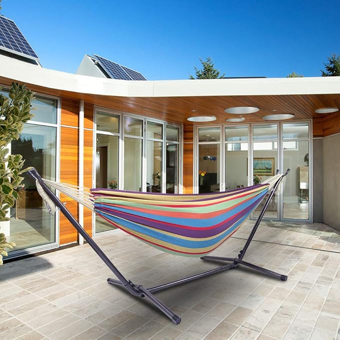 Portable Outdoor Polyester Hammock Set,Single Person Brazilian Hammock,Garden Cotton Hammocks,Indoor Swing Hammock Chair,with Stand & Carry Bag,for Outside Patio Porch Poolside Backyard (Rainbow)