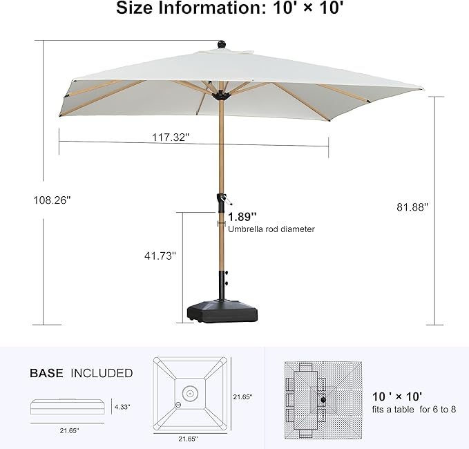 PURPLE LEAF 10' x 10' Square Patio Umbrella with Base Outdoor Umbrella Market Umbrella with Crank & 8 Ribs Aluminum Outdoor Table Umbrella for Pool Deck Backyard, Cream