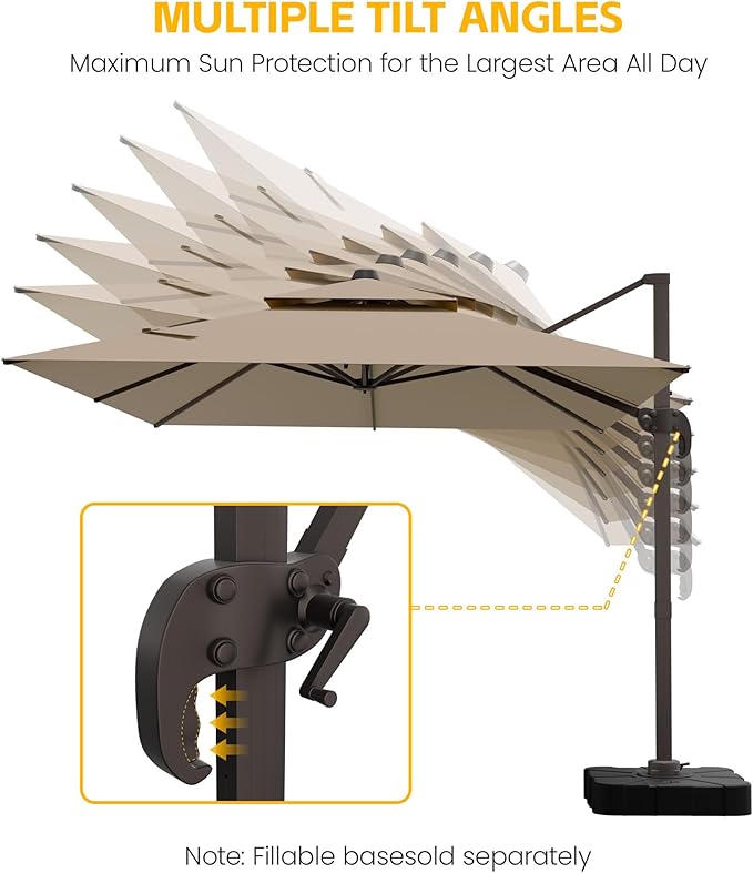 9x12 FT Patio Cantilever Umbrella (Base Not Included) (Base Not Included), Rectangular Heavy Duty Offset Umbrella for 6-8 People, 360°Rotation & Mult Tilt, Double Top Design, for Pool Garden Deck (Tan)