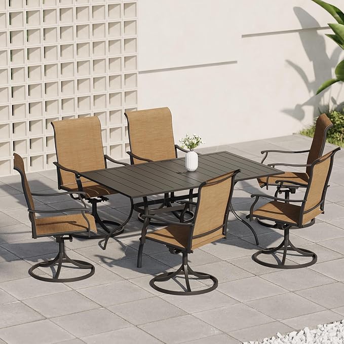 Anmutig 7-Piece Outdoor Dining Set, 6 Swivel Chairs＆63‘’ Rectangular Table All Weather Frame Furniture Set - Brown Style1
