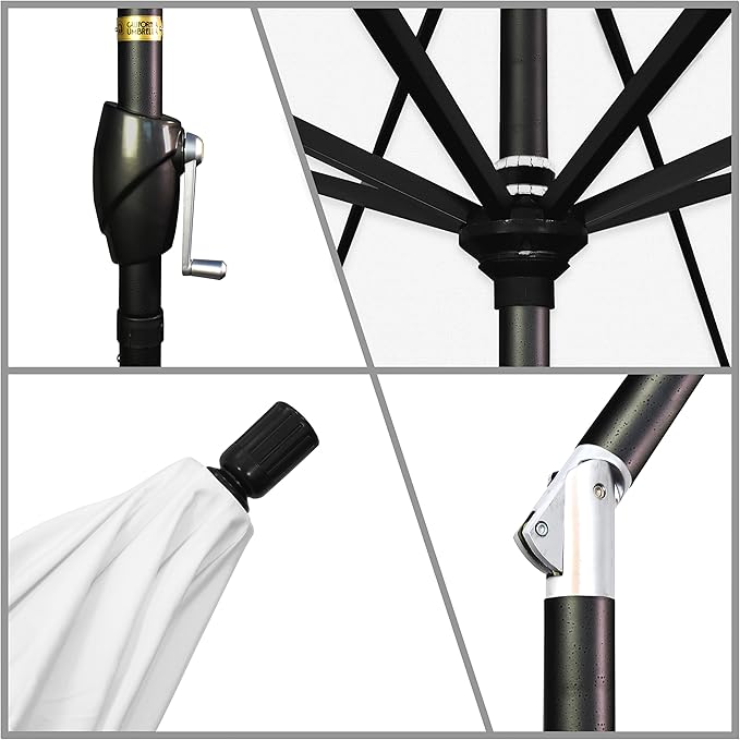 California Umbrella 9' Round Aluminum Market Umbrella, Crank Lift, Push Button Tilt, Black Pole, White Olefin