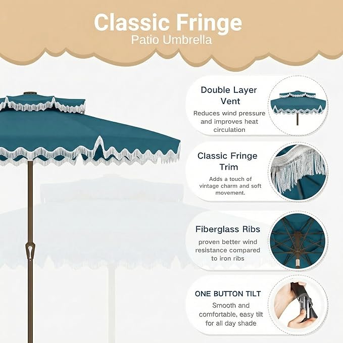 Patiokingdom 9FT Patio Umbrella with Fringe,Tassel Umbrella UPF 50+ & Push-Button Tilt,Rust-Resistant Fiberglass Frame for Pool,Garden,Backyard,Yard (Lake Blue)