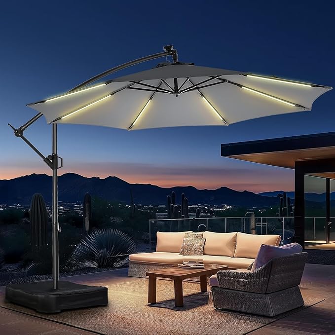 HOMSHADE 10 ft Offset Patio Umbrella with Solar Lights, LED Lighted Umbrella Outdoor Patio with Base Included, Heavy Duty Hanging Cantilever Umbrellas for Pool Deck with UV Protection&Easy Tilt, Grey
