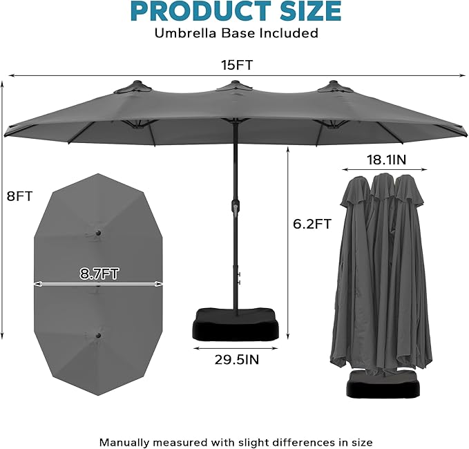 15ft Outdoor Market Umbrella with Base Included, Large Double-sided Pool Umbrella with Crank Handle, Garden, Backyard (Grey)