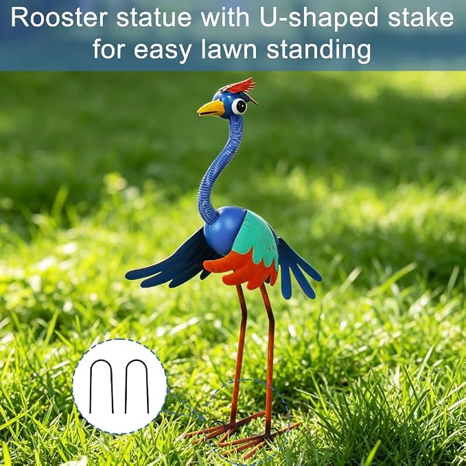 Metal Wacky Heron Garden Statue for Patio, Backyard, Lawn | 19‘’ Crane Garden Decor for Outside, Waterproof Bird Yard Art, Blue & Cyan