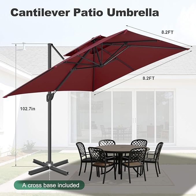FLAME&SHADE 8.2 X 8.2 FT Square Cantilever Patio Umbrella - Large Offset Umbrella Outdoor Patio with 360-Degree Rotation and 3-Year Fade Resistance Fabric for Deck Pool Backyard Garden, Burgundy