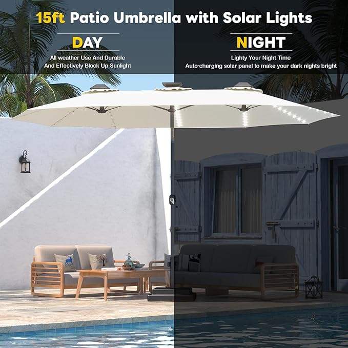 AECOJOY 15ft Patio Umbrella with Solar Lights, Outdoor Large Patio Umbrella with Crank Handle and 156 PCS LED Lights, Rectangular Market Umbrella for Backyard Deck Pool in Beige(1.9" Pole)