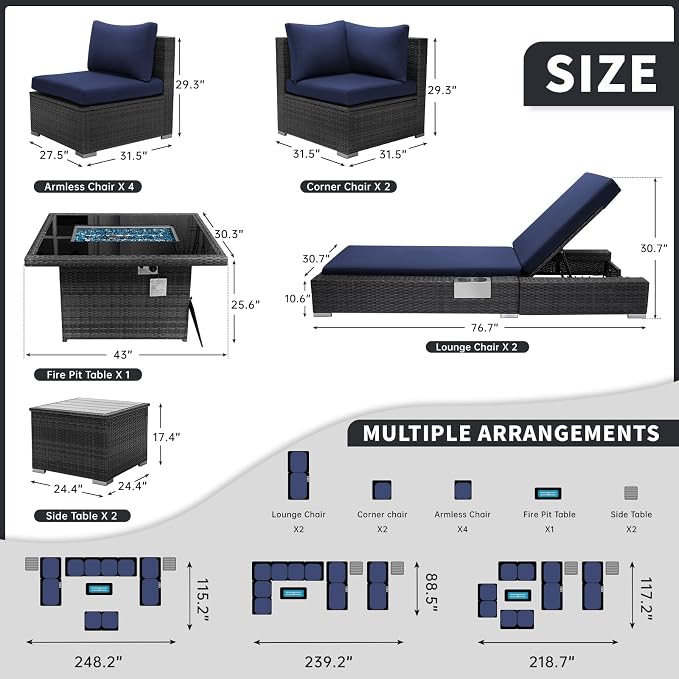 BULEXYARD 11 Piece Large High Back Outdoor Patio Furniture Sets with Firepit and Loungers, Cozy Extra Deep Wide Seating Sectional Conversation Couch Backyard Sitting Sets, Grey Wicker & Blue Cushion