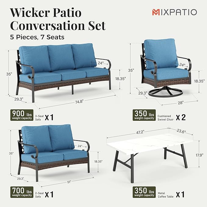 Patio Furniture Set with Coffee Table, Outdoor Conversation Set with 2 x Swivel Chairs, 1 x 2-Seat Sofa, 1 x 3-Seat Sofa for Lawn Garden Backyard, Navy Blue
