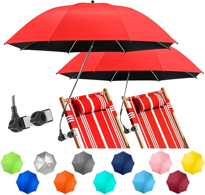 2 PACK Beach Umbrella with Clamp, 360 ° Adjustable Umbrellas for Chair, UPF50+ Umbrella for Beach Chair, Patio Chair, Wheelchair, Camping Chair, Golf Carts (Chair Not Included)
