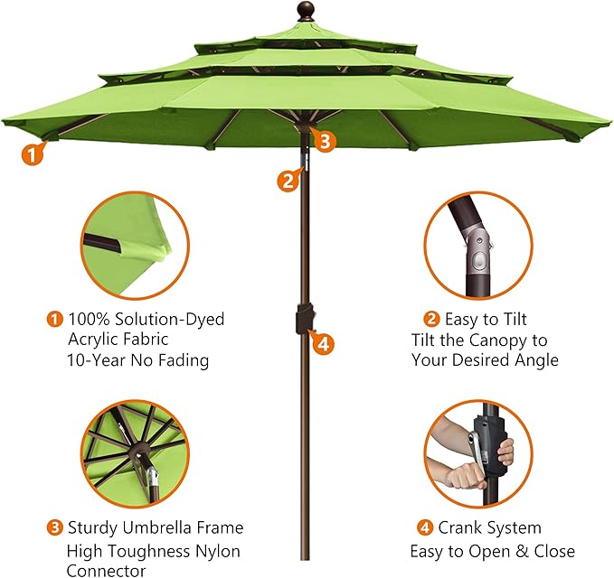 EliteShade USA 10-Year-Non-Fading 10ft 3-Tier Market Patio Umbrella, Commercial Grade Outdoor Table Umbrella with Crank Open, Windproof & UPF 50+ UV Protection, Heavy Duty Ventilation for Garden, Deck, Pool, Backyard, Beach & Bistro, Macaw Green