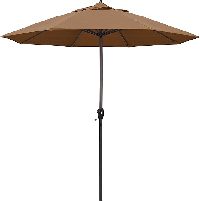 California Umbrella 9' Round Aluminum Outdoor Deck, Pool or Patio Umbrella, Crank Lift, Auto Tilt, Bronze Pole, Teak Olefin