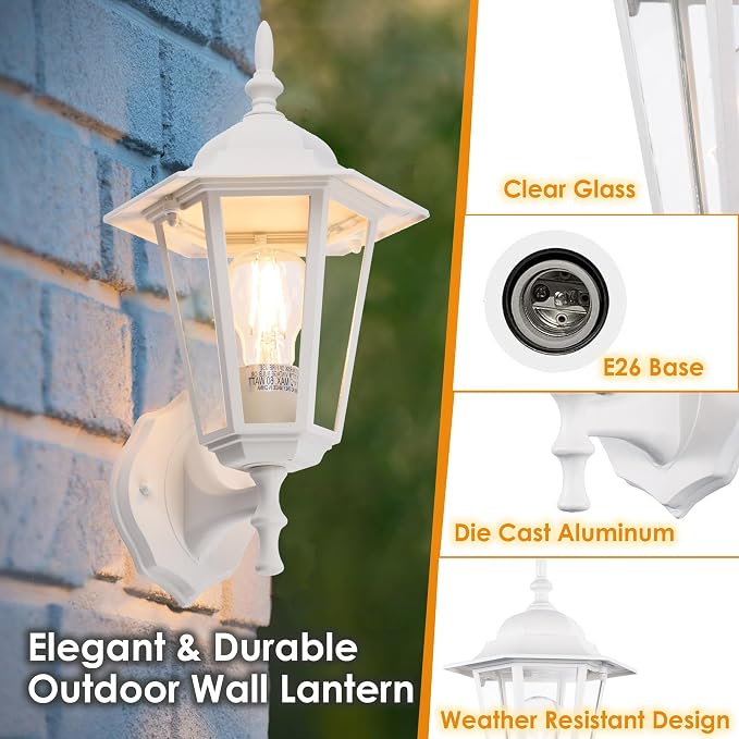 GRUENLICH Outdoor Wall Light Fixture, Rustproof Aluminum, Glass | Exterior Porch Light Wall Sconce Lantern for House, Patio, Garage, Waterproof, E26 Socket 60W Max, White, 1 Pack