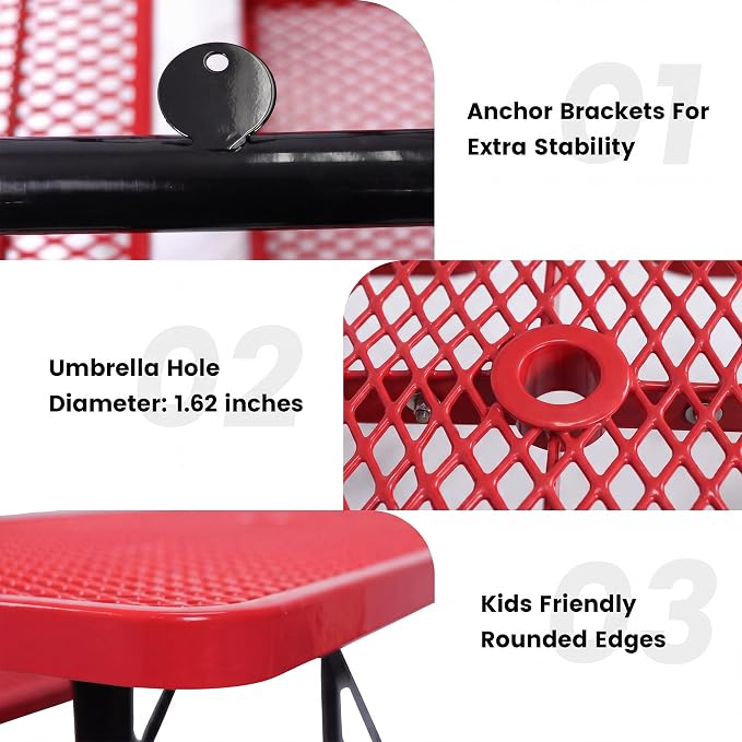 72" Rectangular Metal Picnic Table for 4-8 Person, Durable Heavy Duty Commercial Picnic Table with Umbrella Hole for Outdoor Coffee Shop, School, Hospital, Easy to Install, Red