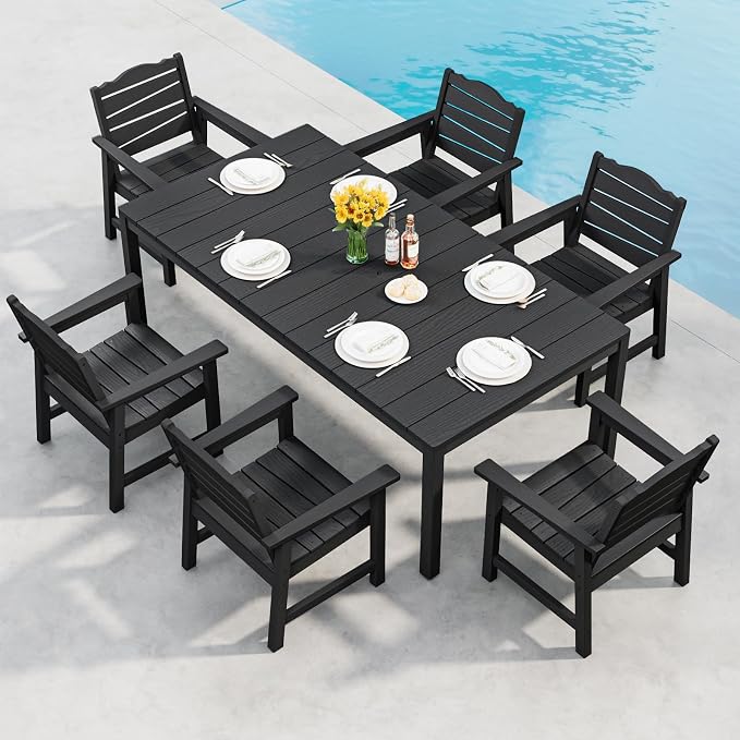 7-Piece Patio Dining Sets, Outdoor Dining Table w/Aluminum Frame and 6 Chairs, Weatherproof HIPS Dining Furniture Set with Umbrella Hole, for Backyard, Garden, Lawn, and Poolside, Black