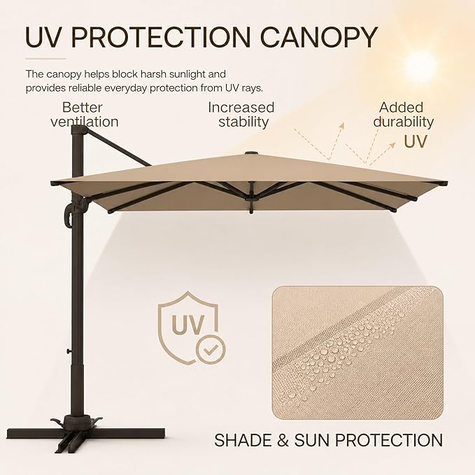 Kingdura 10x10 FT Cantilever Patio Umbrella with Base Included, Large Square Offset Outdoor Pool Umbrella, 360° Rotation & Infinite Tilt, Heavy Duty Aluminum Frame for Deck Backyard, Beige