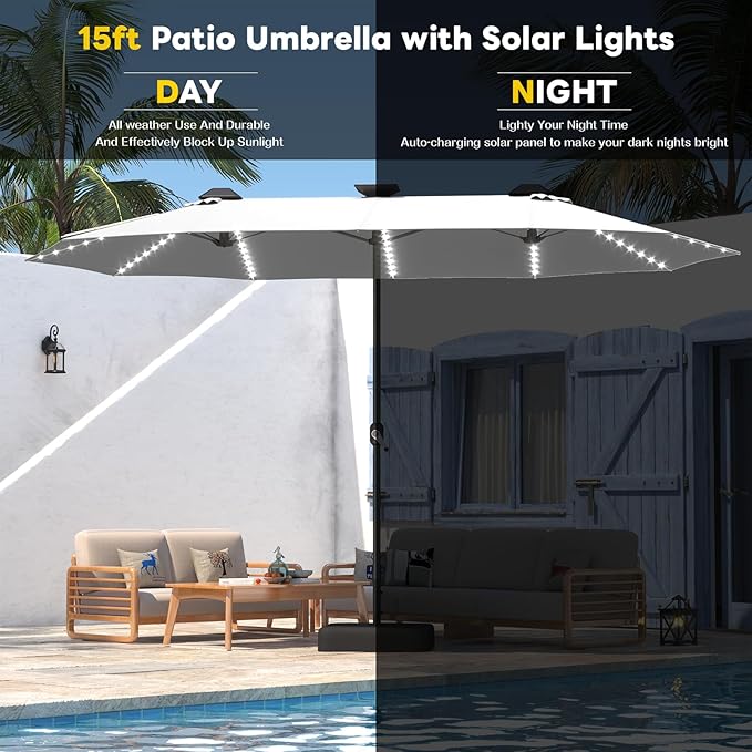 AECOJOY 15ft Double-Sided Patio Umbrella with Solar Lights, Outdoor Rectangle Market Large Patio Umbrella with Base Include|Crank Handle|156 PCS LED Lights for Garden Deck Pool in Beige(1.9" Pole)