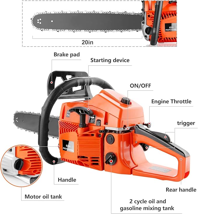 62CC Gasoline Chainsaw with 20-Inch Bar, 3.5HP 2-Stroke Gas Powered Chain Saw for Logging, Landscaping, and Firewood Cutting, Heavy Duty Tree Saw for Farm, Garden and Ranch Use