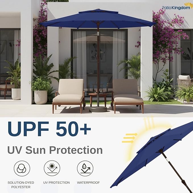9FT Patio Umbrella 2-Tier Outdoor Market Table Umbrella with Push-Button Tilt & Crank | UPF 50+ & Waterproof for Backyard,Garden,Pool,Deck(Navy)