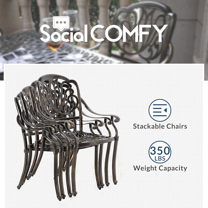 5-Piece Outdoor Patio Dining Set, All-Weather Cast Aluminum Patio Table Set, Include 4 Cushioned Chairs and a 35.4 inch Round Table w/Umbrella Hole for Balcony Garden Backyard, Navy Blue