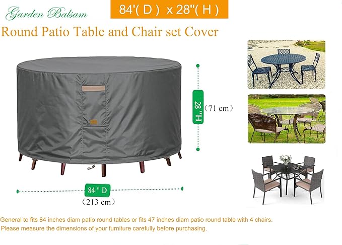 600D Heavy Duty Waterproof Patio Furniture Covers UV Resistant Round Outdoor Table Chair Covers Large Round 84"Diax28"H Dark Grey