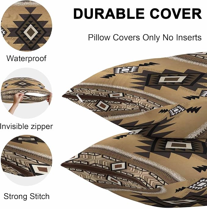 Vandarllin Outdoor Throw Pillows Covers 20x12 inch Set of 2 Waterproof Tribal Style Decorative Zippered Cushion Covers for Patio Furniture, Brown Southwest Native American Lumbar Pillowcases