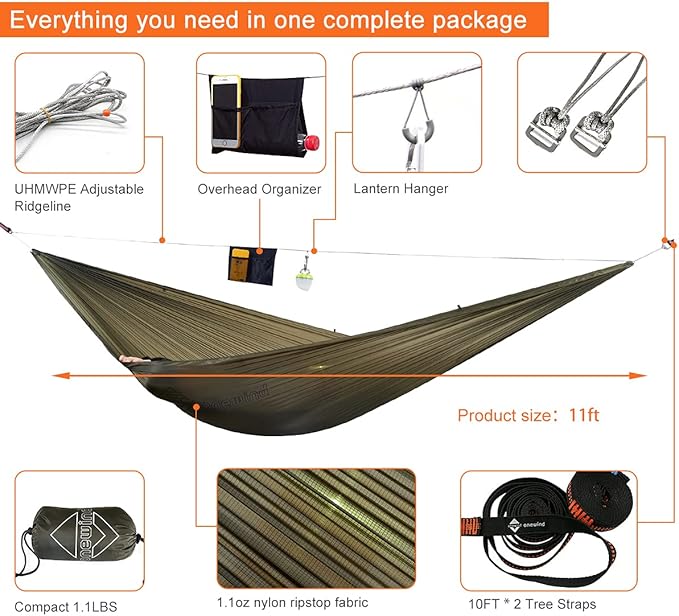 Onewind Camping Hammock, Ultralight Portable Hammock with Adjustable Ridgeline, Outdoor Hammock 20D Ripstop Nylon with 2 * 12Ft Tree Strap, Ideal for Camping, Hiking, Backpacking
