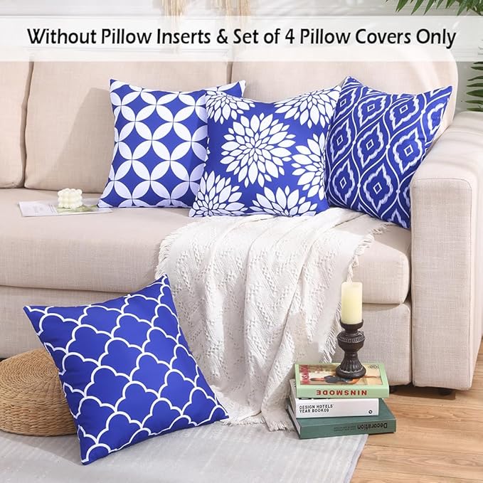CARRIE HOME Navy Blue Outdoor Throw Pillows Waterproof 18x18 Patio Porch Pillow Covers 18 x 18 Set of 4 Outdoor Patio Decor Aesthetic for RV Garden and Patio Furniture (No Inserts)